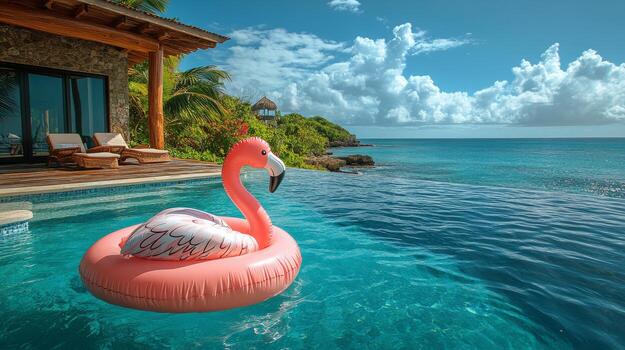 A pink flamingo floating in a pool near a beach photo