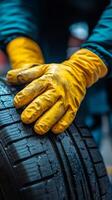 A person in yellow gloves is holding a tire photo