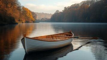A rowboat sits on the water in the middle of a lake photo