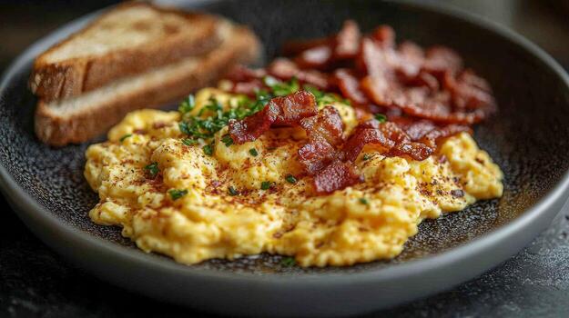 Scrambled eggs with bacon and toast photo