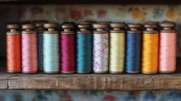 A row of spools of different colored thread photo