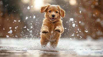 A golden retriever puppy running through the snow photo