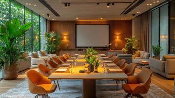 A conference room with a long table and chairs photo
