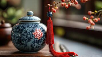 A blue and white vase with a tassel on it photo