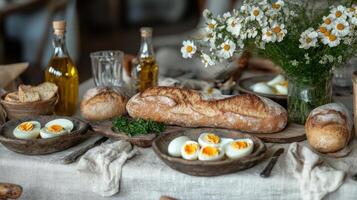 A table with bread, eggs and flowers photo