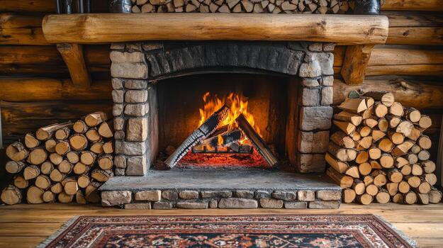 A fireplace with logs and a rug photo