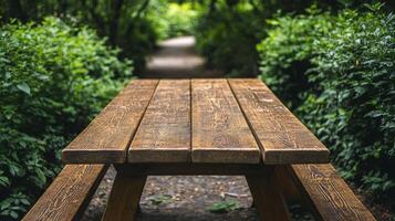 A wooden picnic table photo