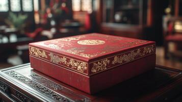 A red box sitting on top of a wooden table photo