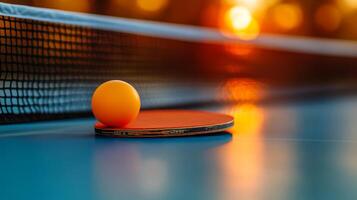 Table tennis racket and ball on a table photo