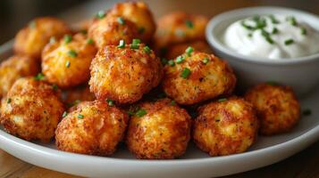 A plate of fried food with a dipping sauce photo