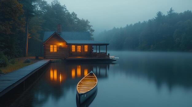 A small cabin sits on the edge of a lake photo