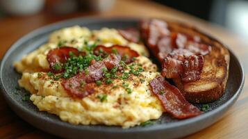 A plate of scrambled eggs with bacon and toast photo