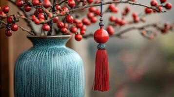 A blue vase with red berries photo