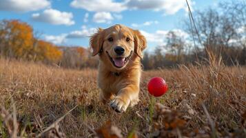 A golden retriever running through a field with a red ball photo