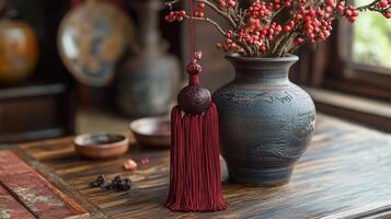 A vase with red berries and a tassel on a table photo