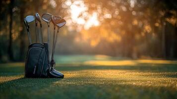Golf clubs and bag on grass in the sun photo