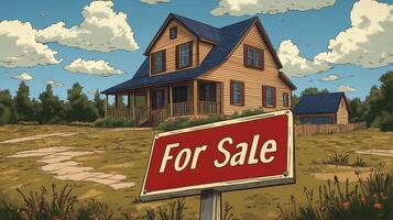 A cartoon house with a for sale sign in front of it photo