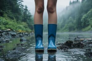 A woman standing in the rain wearing blue rain boots photo