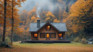 A small log cabin in the woods with a fire photo