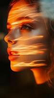 A woman with glowing light trails on her face photo