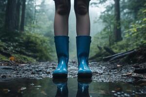 A person standing in the middle of a forest with blue rain boots photo