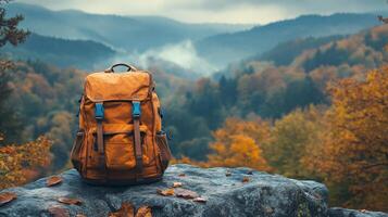 Backpack on the rock in autumn forest photo