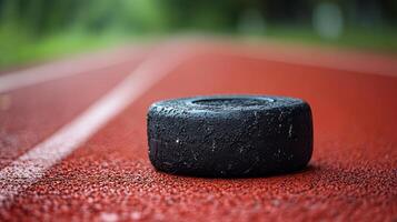 A tire sitting on the track in a field photo