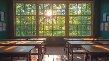 A classroom with desks and windows photo