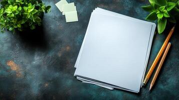 Blank paper, pencils and plant on dark blue background photo