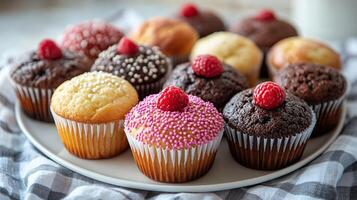 A plate of cupcakes with raspberries and frosting photo