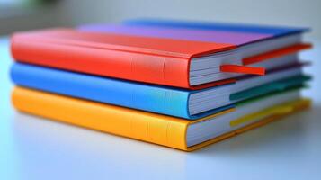 Stacked books with colorful covers resting on a white table in a cozy reading nook photo