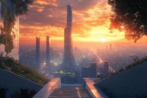 Stairway leading to a futuristic city illuminated by blue lights during twilight photo