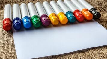 A group of markers and a blank piece of paper photo