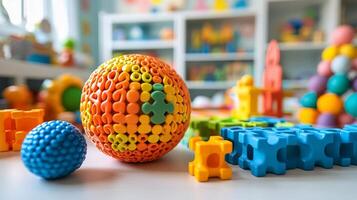Colorful toys on a table in a child's room photo