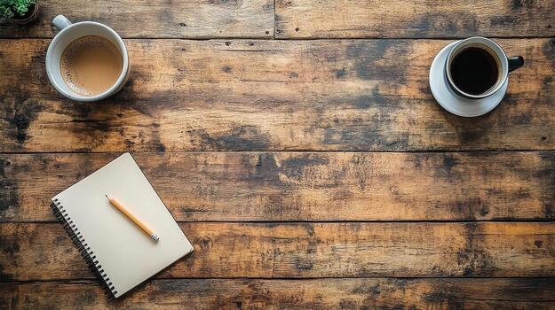 Coffee and notebook on wooden table photo