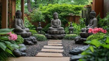 A garden with statues of buddha in the middle photo