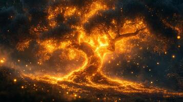 Mesmerizing glowing tree illuminated by countless lights at dusk in a mystical forest photo