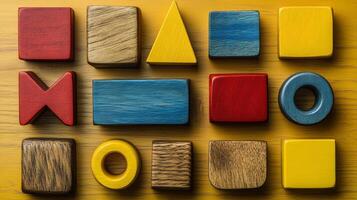 Colorful wooden blocks arranged in a pattern on a wooden surface photo