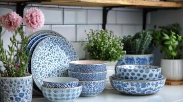 Blue and white porcelain dishes and vases on a shelf photo