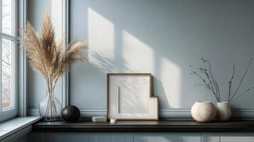 A window with a picture frame, vases and a plant photo
