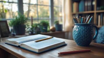 Open book on a wooden desk surrounded by plants and stationery in a cozy workspace photo