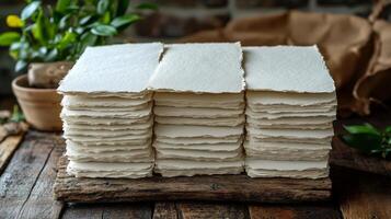 A stack of white paper towels sitting on top of a wooden table photo