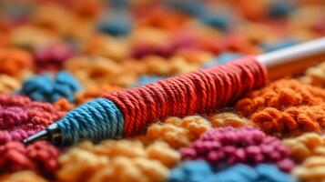 A crochet hook laying on a colorful crocheted blanket photo