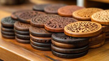 Wooden coasters with designs on them photo