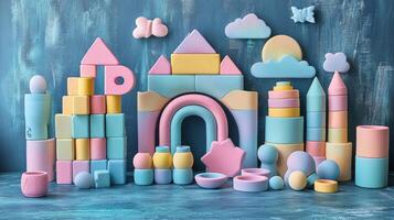 Colorful building blocks arranged creatively against a textured background in a playful setting photo