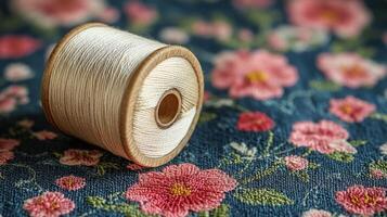 Elegant spool of thread resting on a floral embroidered fabric in a cozy workspace photo