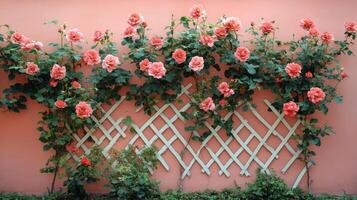 A pink wall with pink roses growing on it photo