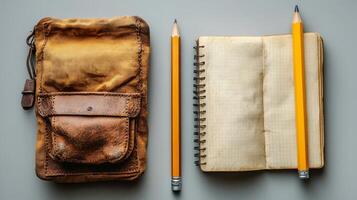 A pencil and a notebook next to a pencil case photo