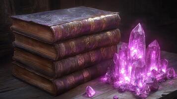 A stack of books with purple crystals sitting on top photo