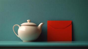 Teapot and red envelope on blue background photo